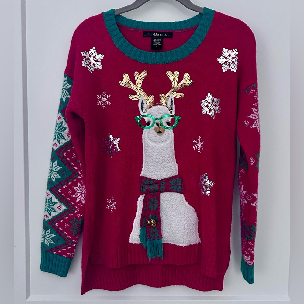 Ugly Christmas Sweater – Red Llama, Reindeer Sequins (Small)